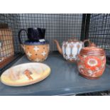 Cage containing quantity of Doulton ceramics inc. tobacco jar, character plates, jug and teapot