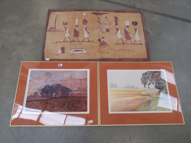 5012 African batik plus pair of limited edition prints entitled February and Path around a Field