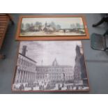 (7) Print of Hamlet Bridge by R Folland farm buildings and river plus a print of city square Bologna