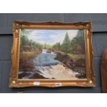 Modern oil on canvas 'River and waterfall'