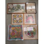 Quantity of cross stitch tapestries inc. flowers, Elizabeth II commemorative panel and country