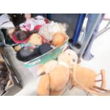 Box containing teddy bears, dolls and doll furniture