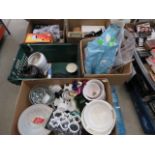 Pallet with large quantity of crockery, mixing bowls, shoes, household appliances and a demi john