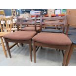 4 teak dining chairs, with brown fabric seats