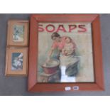 Mother & Child soap advertising sign, plus a pair of comical prints with puppies