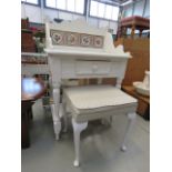 White painted wash stand with tiled splash back, floral patterned jug and bowl set plus cabriole