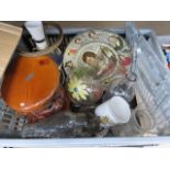 Box containing character plates, cookie jar, table lamp, glassware, oil lamp and commemorative ware