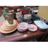 Quantity of Royal Doulton tango patterned platters plus souvenir plates, Denby crockery and