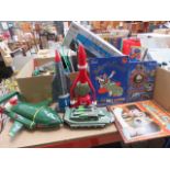 2 boxes containing childrens Thunderbirds toys, model of RMS Titanic, childrens books and comics