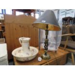 Floral decorated open twist table lamp with shade