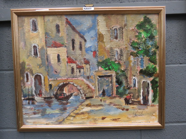 Oil on board of Mediterranean town scape with canal