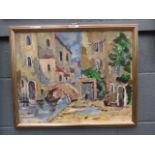 Oil on board of Mediterranean town scape with canal