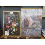 Three prints with Highland cattle plus a print with flowers