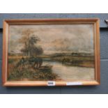 Oleograph of stream, water meadows and figures in boat
