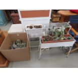 Quantity of succulent aloes and cacti plus glass and wrought iron plant stand and metal planter