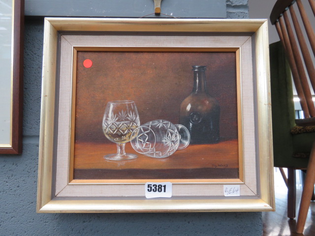 5032 Oil on canvas of brandy snifters and bottle