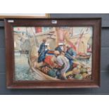 Framed and glazed watercolour Arab fruit sellers, ships and dows in background