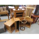 Corner pine TV stand, circular side table, stick stand, CD rack and open fronted lamp table