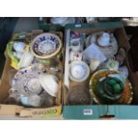 3 boxes containing a carriage clock, china, tableware, decanter, hip flask, Lladro style figure