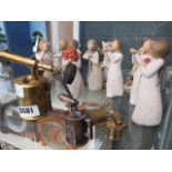 Heat gun plus 3 miniature heat guns, carved wooden figures of angels plus 4 ornamental figures