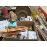 2 boxes containing a quantity of snooker cues, brass trays, silver plated barrels, treen and