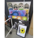 Quantity of modern wall hangings inc. Mr happy, London Bus, Banksy's plus abstracts