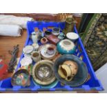 Plastic crate with quantity of studio pottery, mugs, vases, bowls and jugs