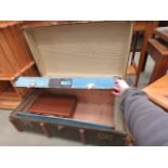 Wooden ribbed travelling cabin trunk plus 2 vintage suitcases