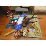 Pair of roebuck antlers, a painted Balinese puppet, golfing glove, carnival glass clowns plus a