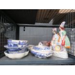 Cage containing blue and white china, Imari china and a Staffordshire figure