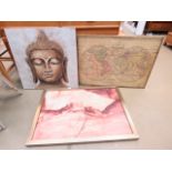 Map of the World wall hanging, plus 2 prints: 'The Creation of Adam' and a 'Buddha'