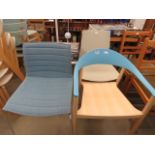 Blue fabric dining chair, moulded plastic chair plus contemporary Italian blue painted dining chair