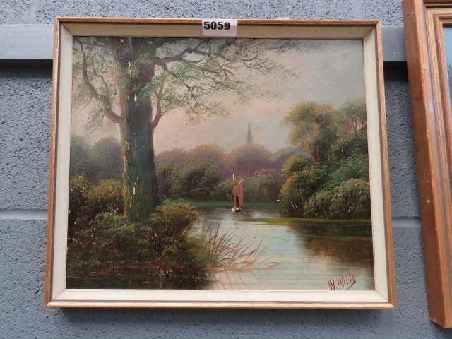 Early 20th century oil on board, sailing boat on river, church spire in background