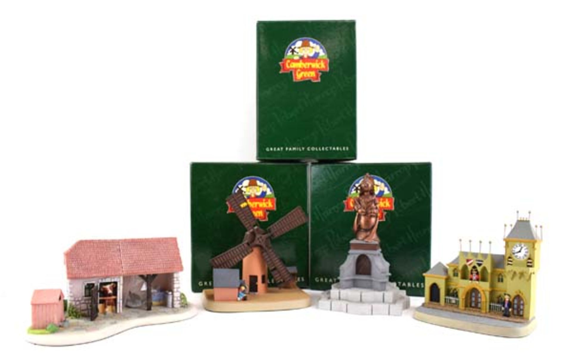 Four Robert Harrop Camberwick Green figures: CGM01 Trumpton Town Hall, CGM03 Colley's Mill, CGB03