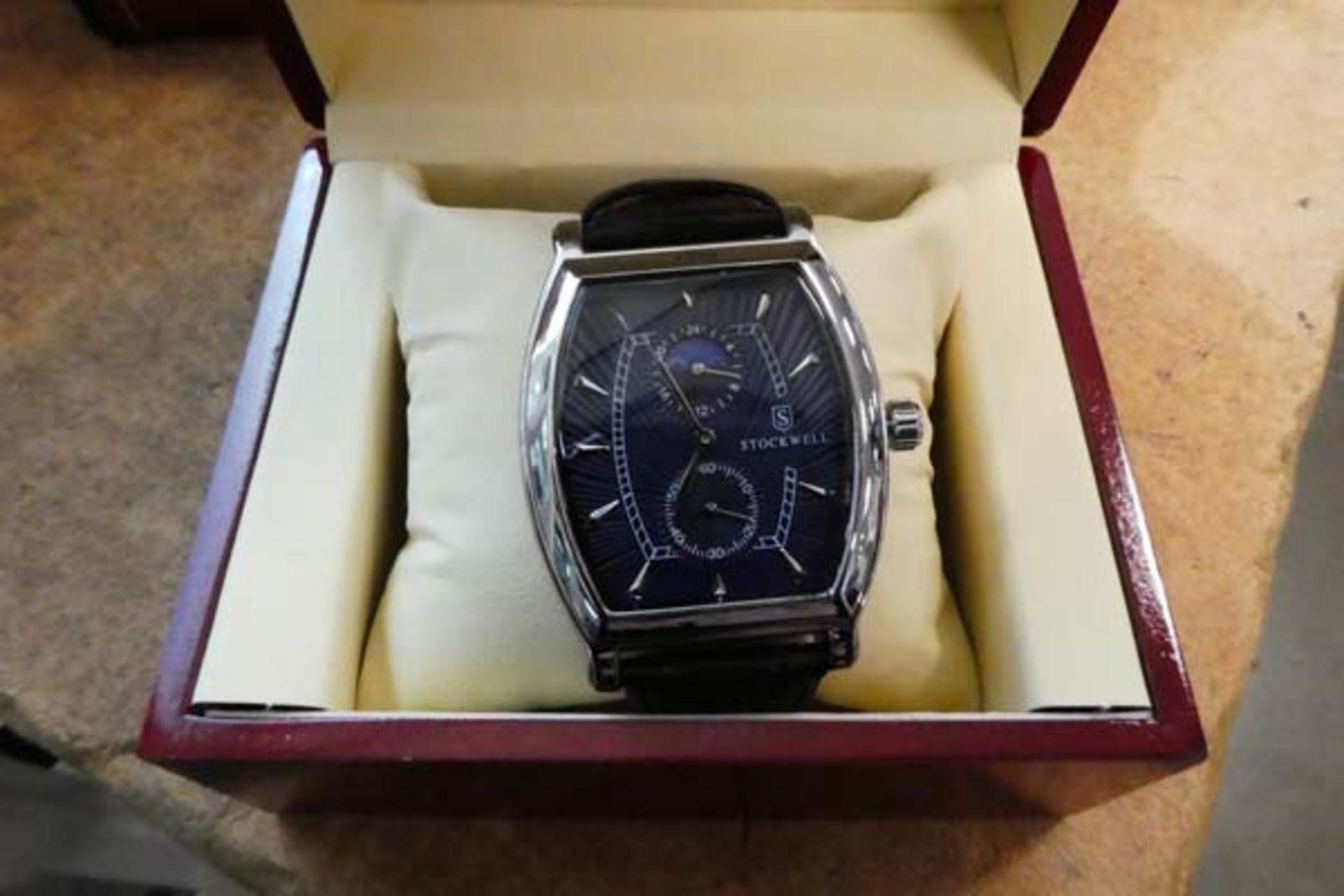 Gents Stockwell blue face dial wristwatch with black leather strap and box