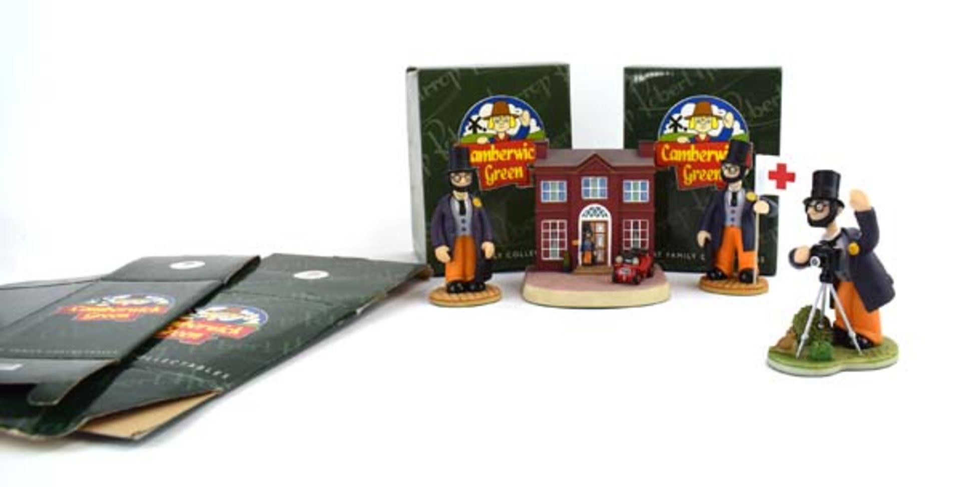 Four Robert Harrop Camberwick Green figures: CG93 Dr Mopp Thrushes in the Tree, CG84 Dr Mopp Bees by