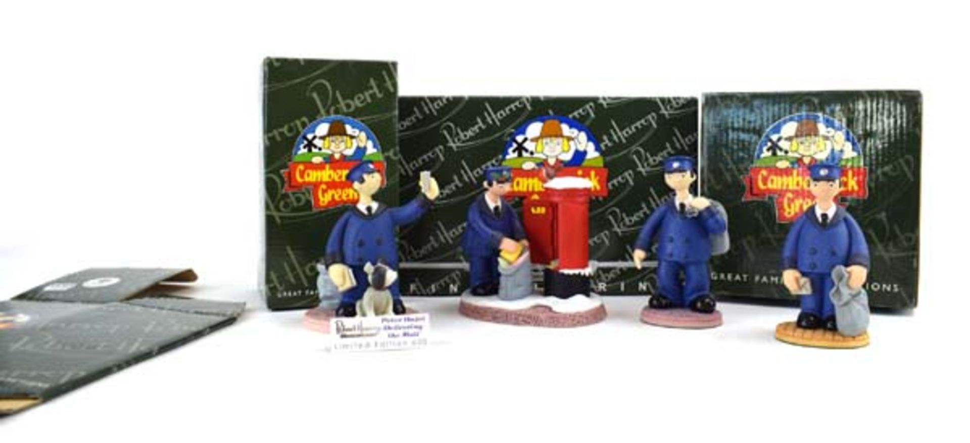 Four Robert Harrop Camberwick Green figures: CG07 Peter Hazel (Postman), CG98 Peter Hazel (Postman),