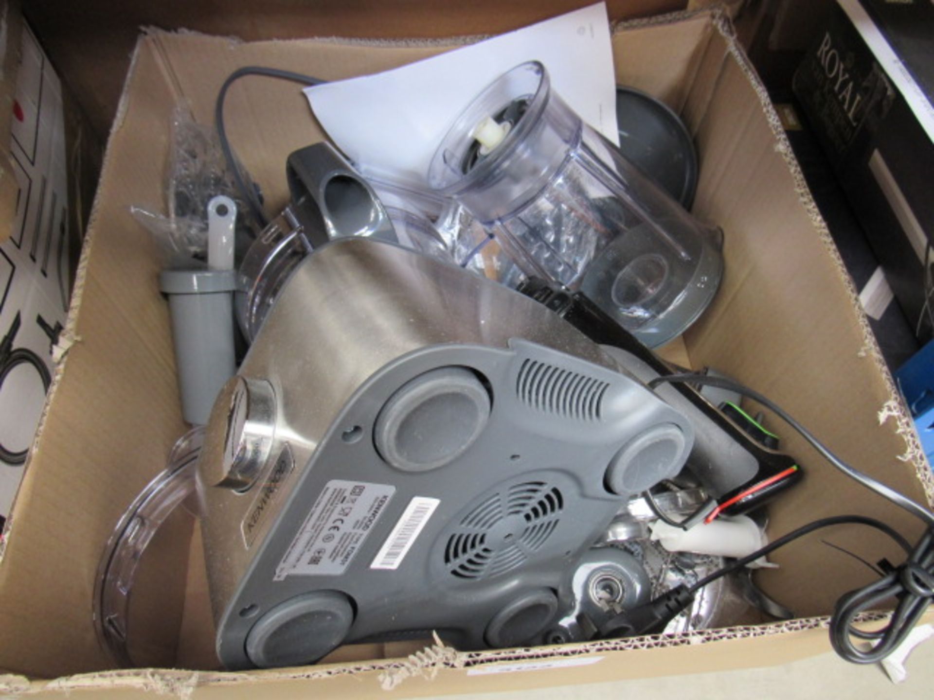 Box containing Kenwood food processor and Multi Braun hand whisk