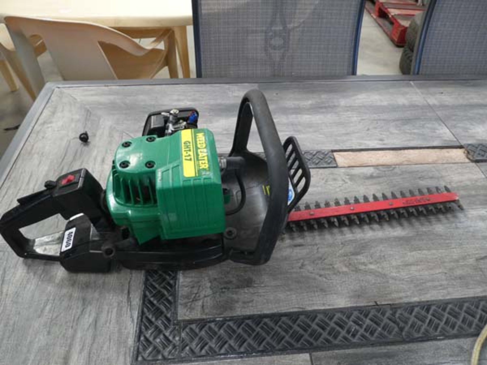 Green petrol powered hedge cutter