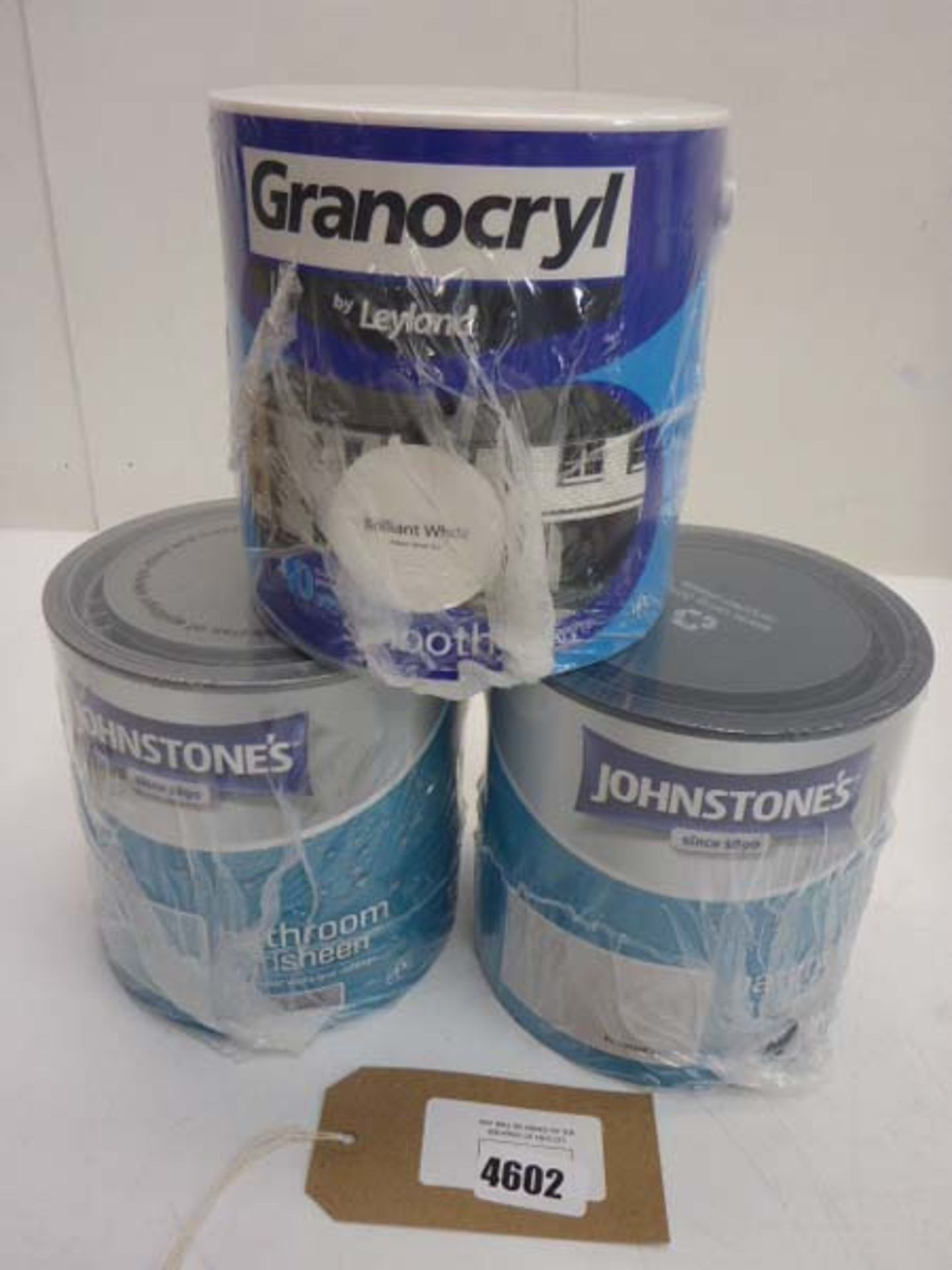 2 cans of Johnstone's bathroom paint and a Can of Granocryl masonry paint