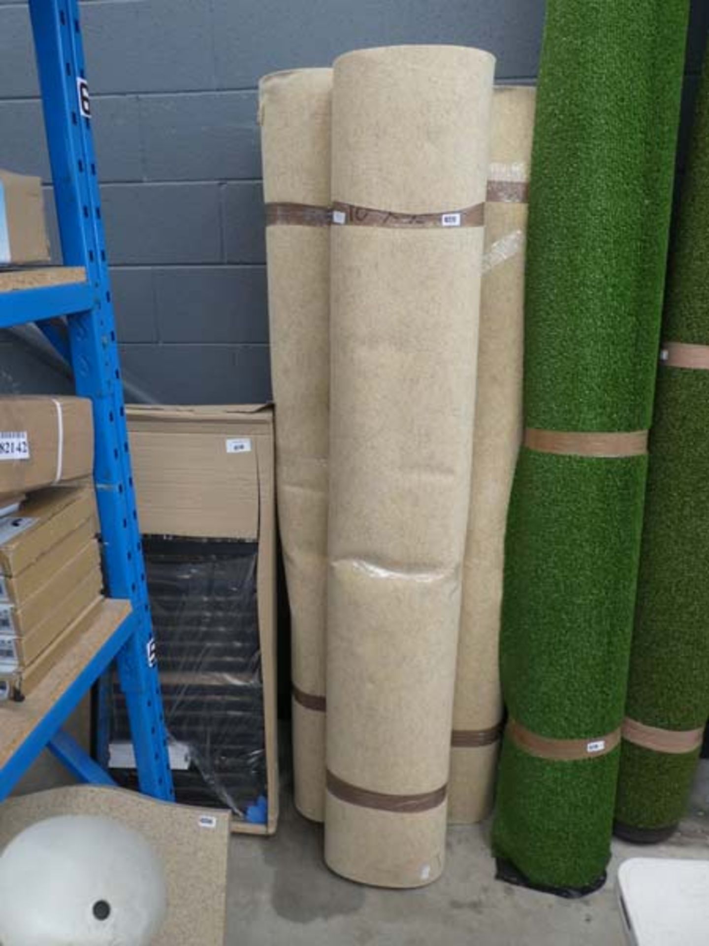 3 rolls of approx. 10m x 2m of beige industrial style carpet