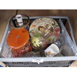 5446 - Box containing a biscuit barrel, table lamp, glassware, character plates and a