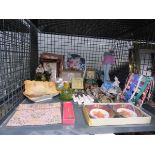 (15) Cage containing: horse brass, purses, floral patterned crockery, photoframes and loose cutlery