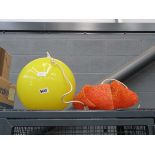 Yellow plastic globe shaped ceiling light, plus 1 other in red and orange