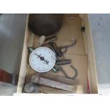 Box containing Salter scales, a pot, plus a quantity of hooks and a bell