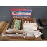 Box containing ephemera and British Rail reference books, magazines and a Hornby turntable set