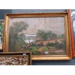 Framed and glazed engraving Cattle herder in rural landscape