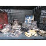 Cage containing: silver plate, loose cutlery and glassware