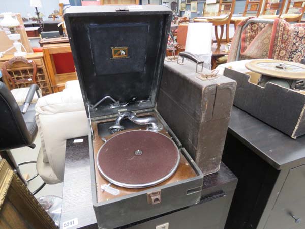 His Masters Voice wind up gramophone plus a small qty of vinyl records