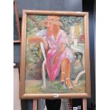 Oil on board; study of lady in pink dress